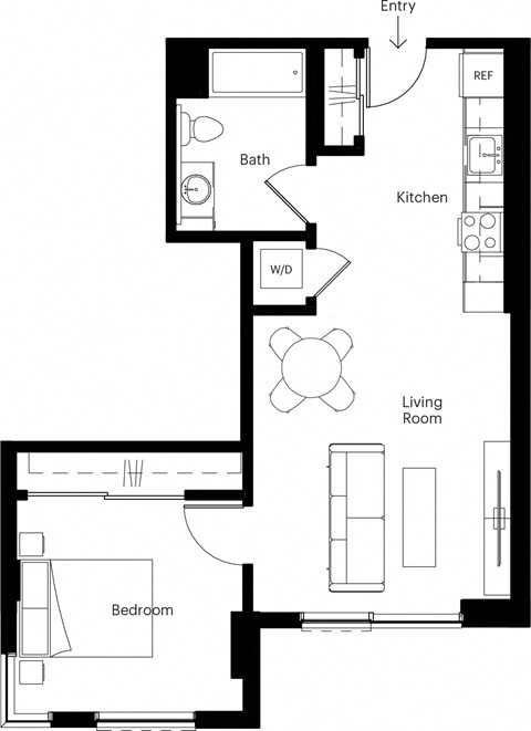 Floor plan for 1 bed, 1 bath, 558 sqft